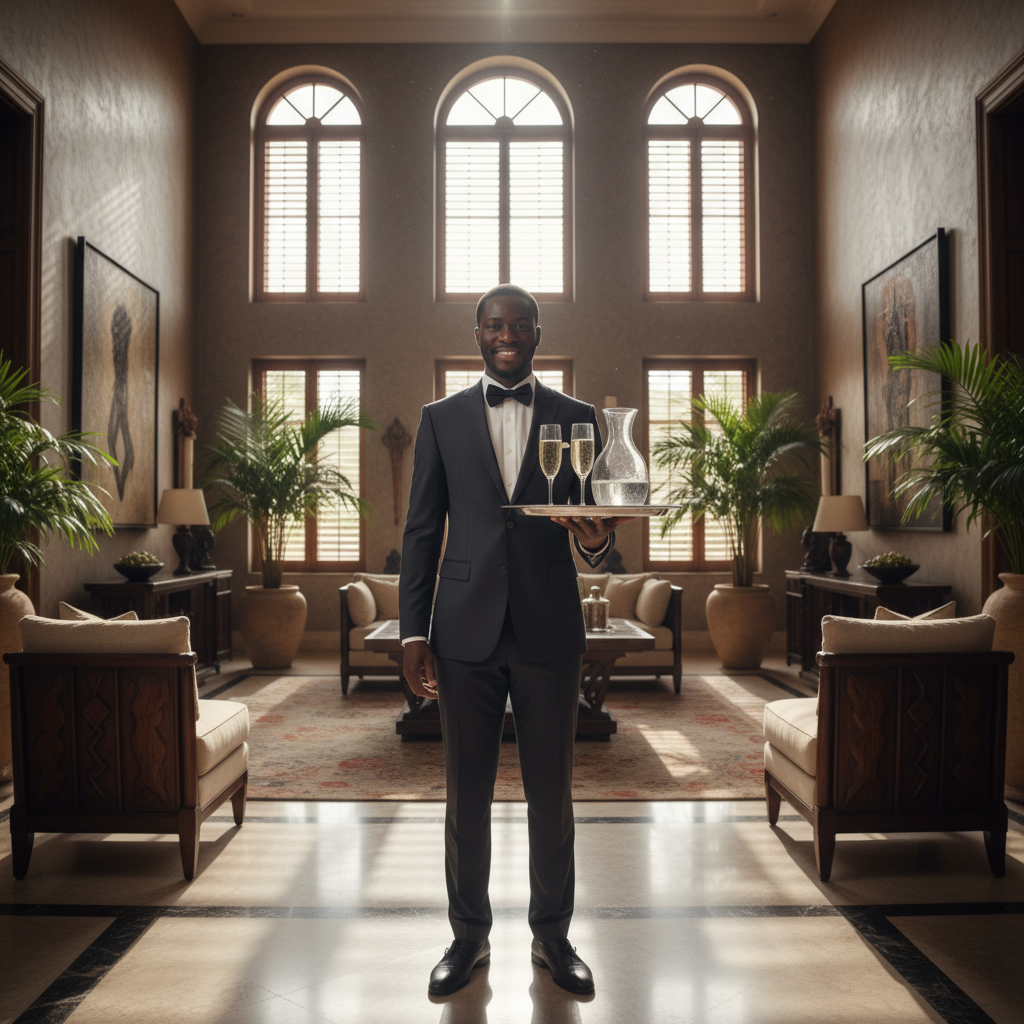 Majordome africain professionnel en costume au service d'une résidence à Abidjan