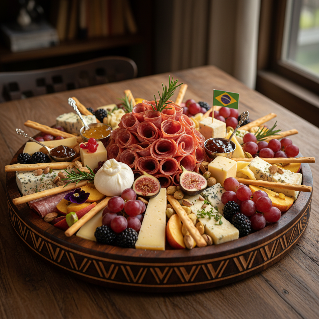 Gourmet cheese board with charcuterie and artisan crackers on dark wood surface