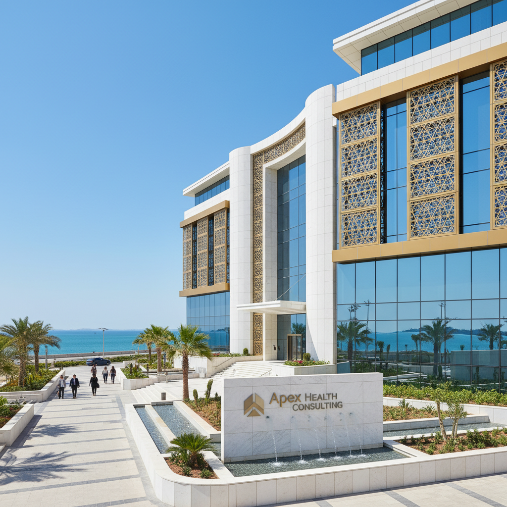 Apex Health Consulting Muscat office in modern business district with Arabian Gulf architecture