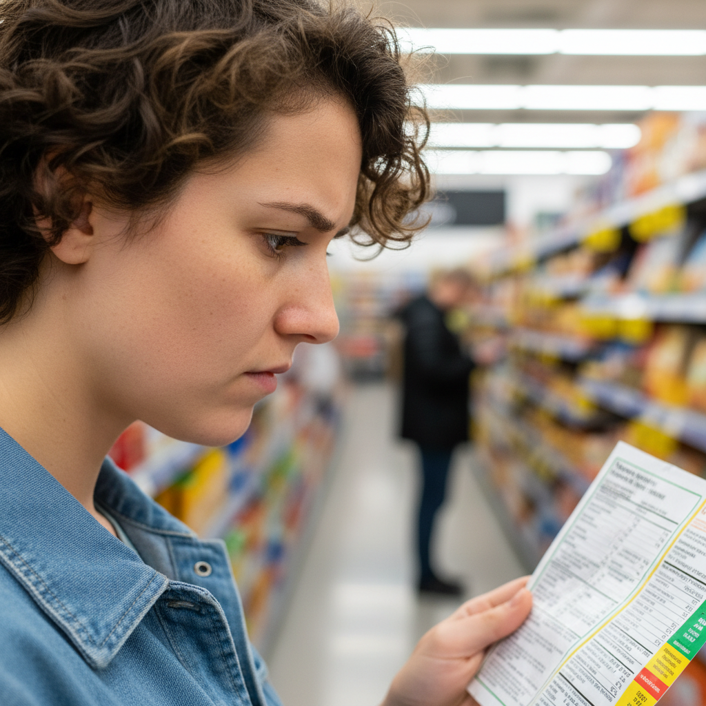 Person reading a food label in a grocery store with focused expression