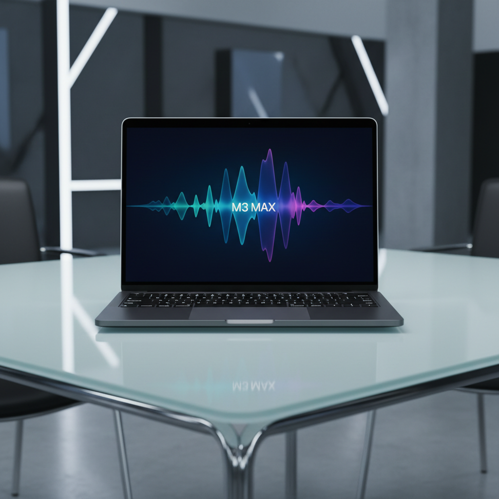 MacBook Pro M4 Max open on desk showing performance benchmarks and design details