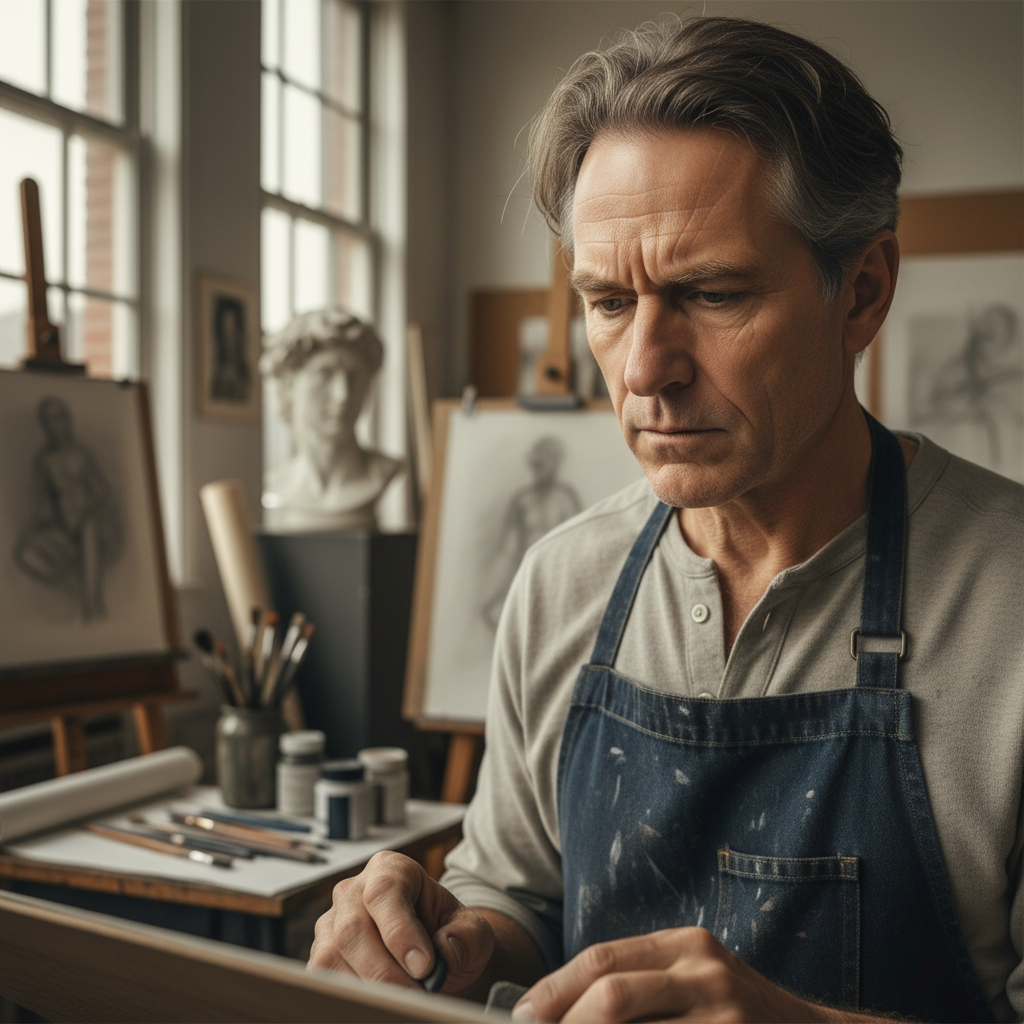 Portrait of Theo Kanaris, life drawing instructor with focused expression