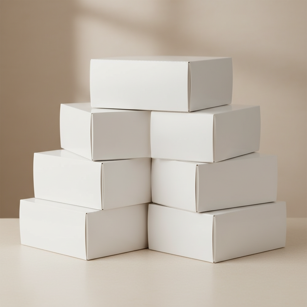 Stack of white food packaging boxes on bright warehouse shelf, clean environment