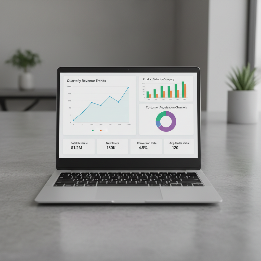Analytics dashboard on a laptop showing rising revenue and traffic charts
