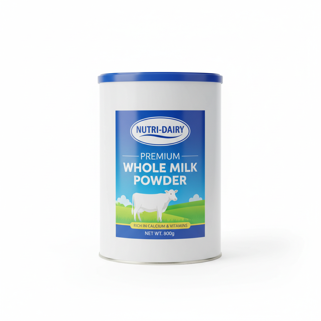 Milk powder tin on clean white background