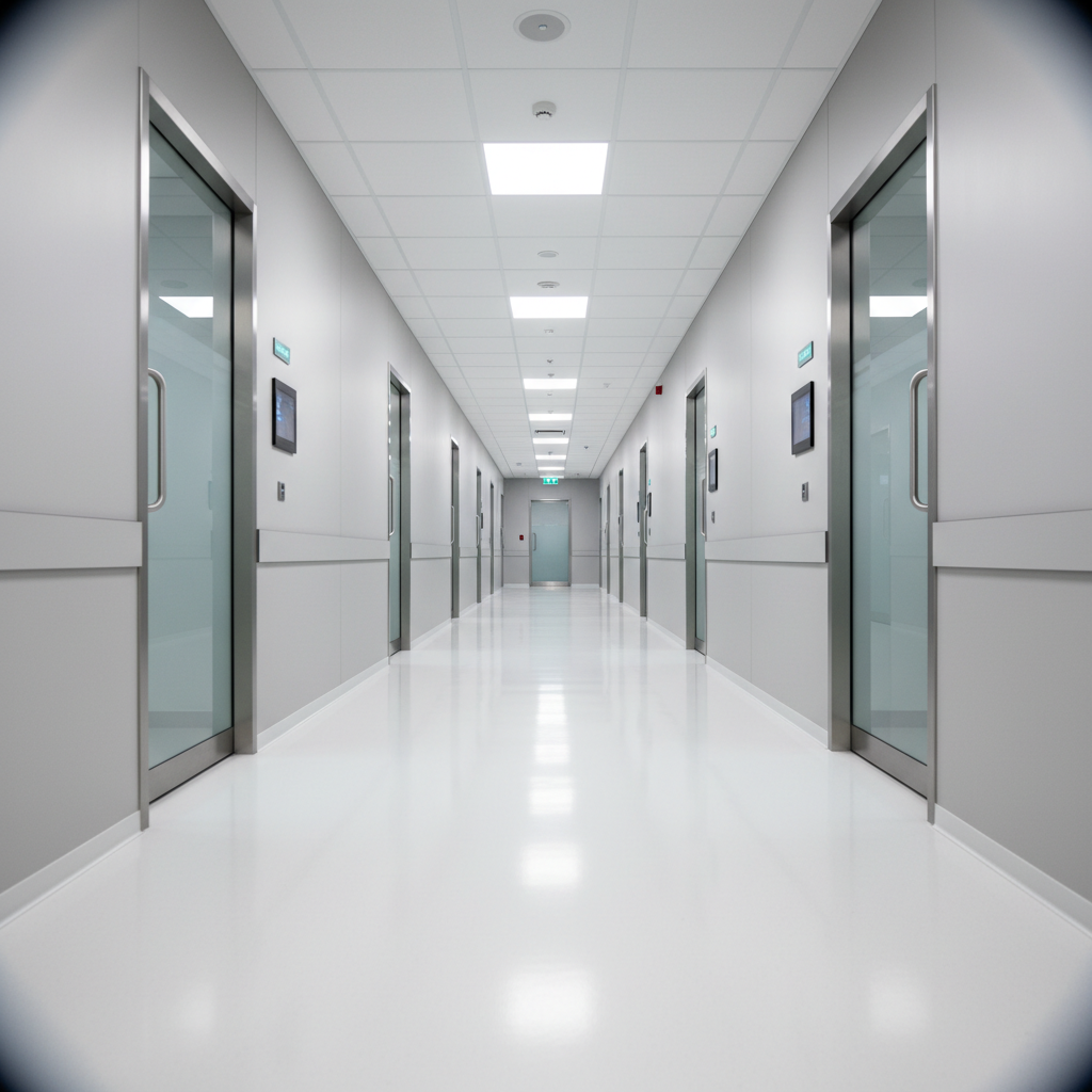 Hospital entrance with access control and surveillance system, bright well-lit clinical environment, clean medical facility