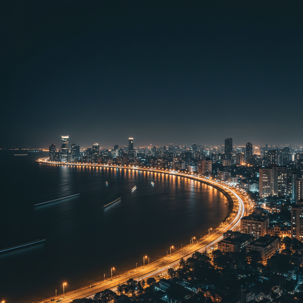 Mumbai Marine Drive at night, deep dark sky, city lights creating golden streaks along the curved coastline, dense shadows, atmospheric low-light urban scene