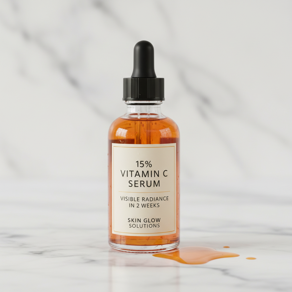 Glass dropper bottle of vitamin C serum with clean minimal packaging on white marble surface