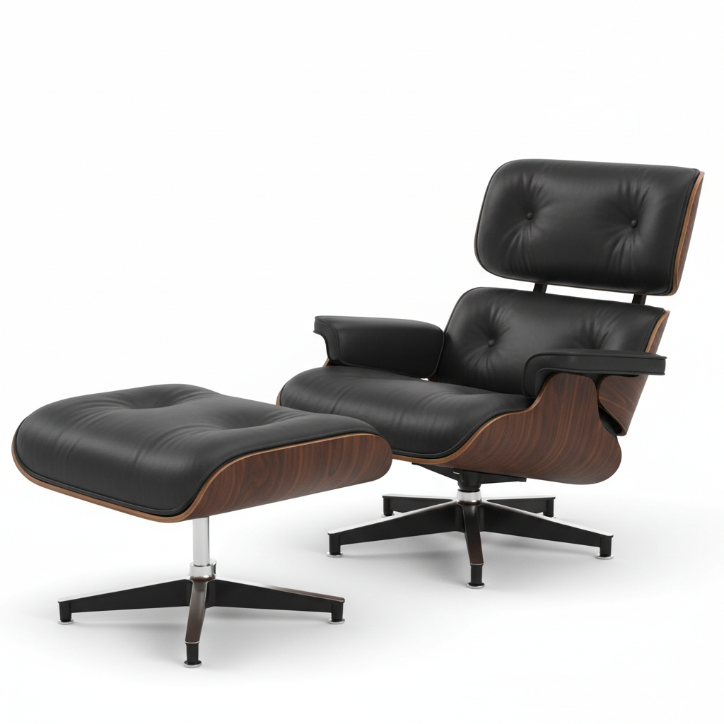 Eames lounge chair and ottoman in cream leather with walnut wood on dark floor in dim interior