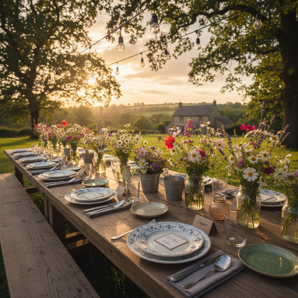 Warm outdoor family gathering setup with a long decorated table, seasonal arrangements, and comfortable seating in afternoon natural light
