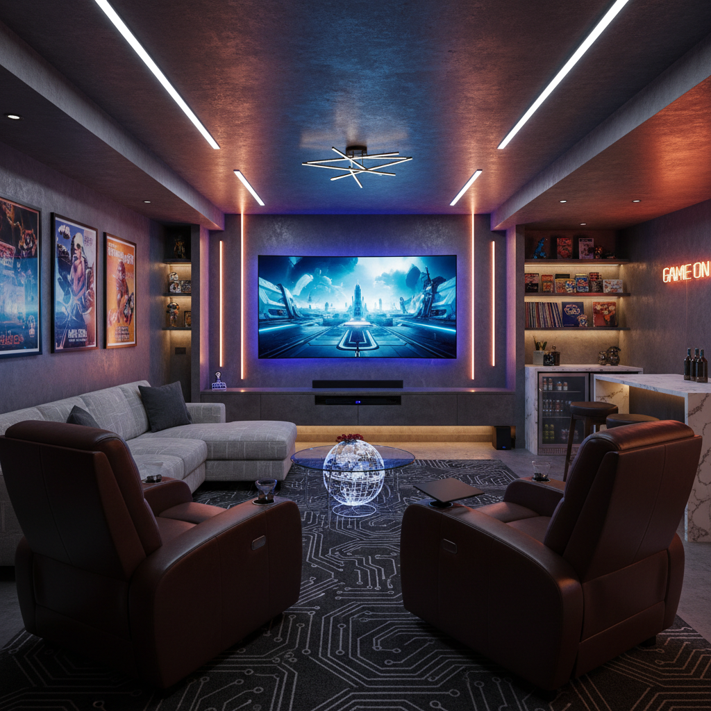 Architectural 3D visualisation of open-plan living room with custom entertainment wall, indirect lighting, and premium furniture layout