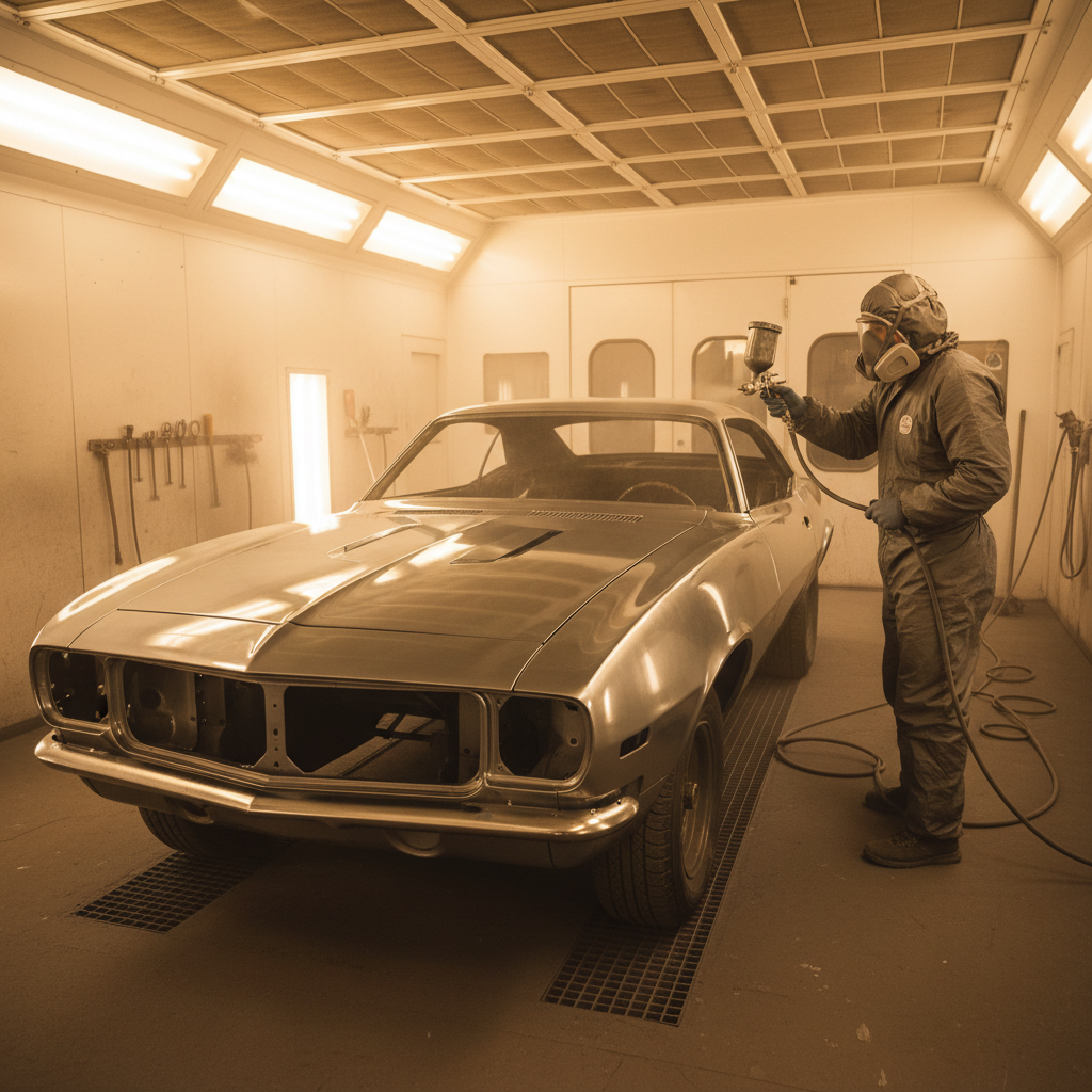 Technician spraying grey epoxy primer onto bare metal Camaro body, wet coat visible under amber booth light