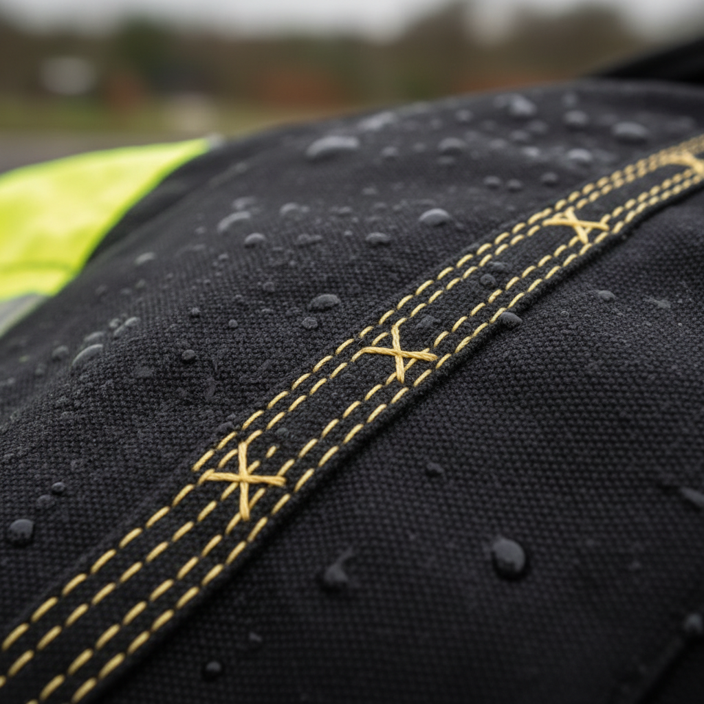Close-up of reinforced stitching on high-visibility workwear jacket in black and gold, construction site background
