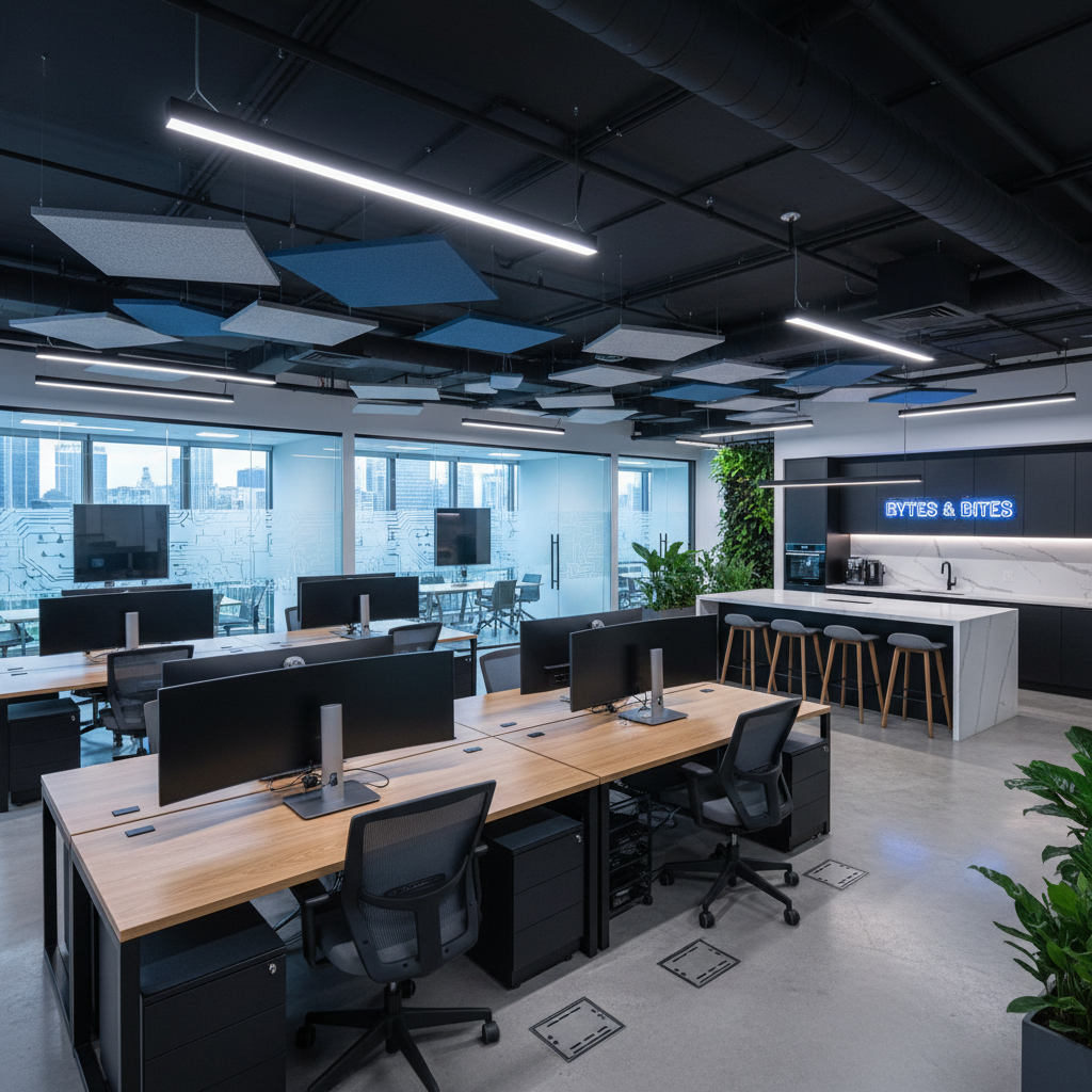 Modern tech office interior with glass partitions, open workspace, industrial finishes, natural light