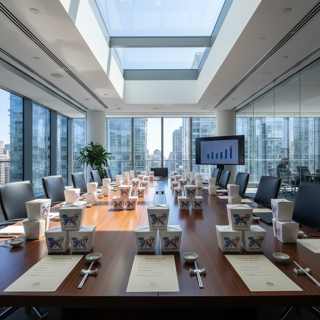 Corporate office lunch with Tibetan food boxes and printed cards on conference table