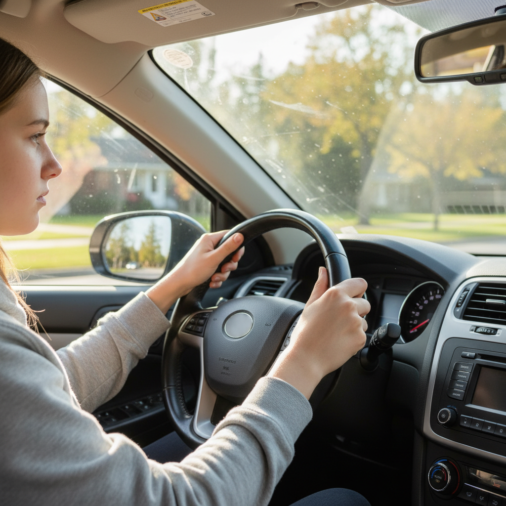 Teen driver with hands at ten and two on the steering wheel, instructor in passenger seat