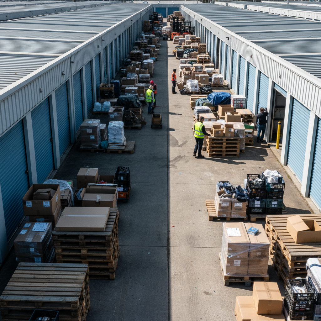 Crowded storage unit facility with corrugated metal doors, pallets of inventory stacked outside