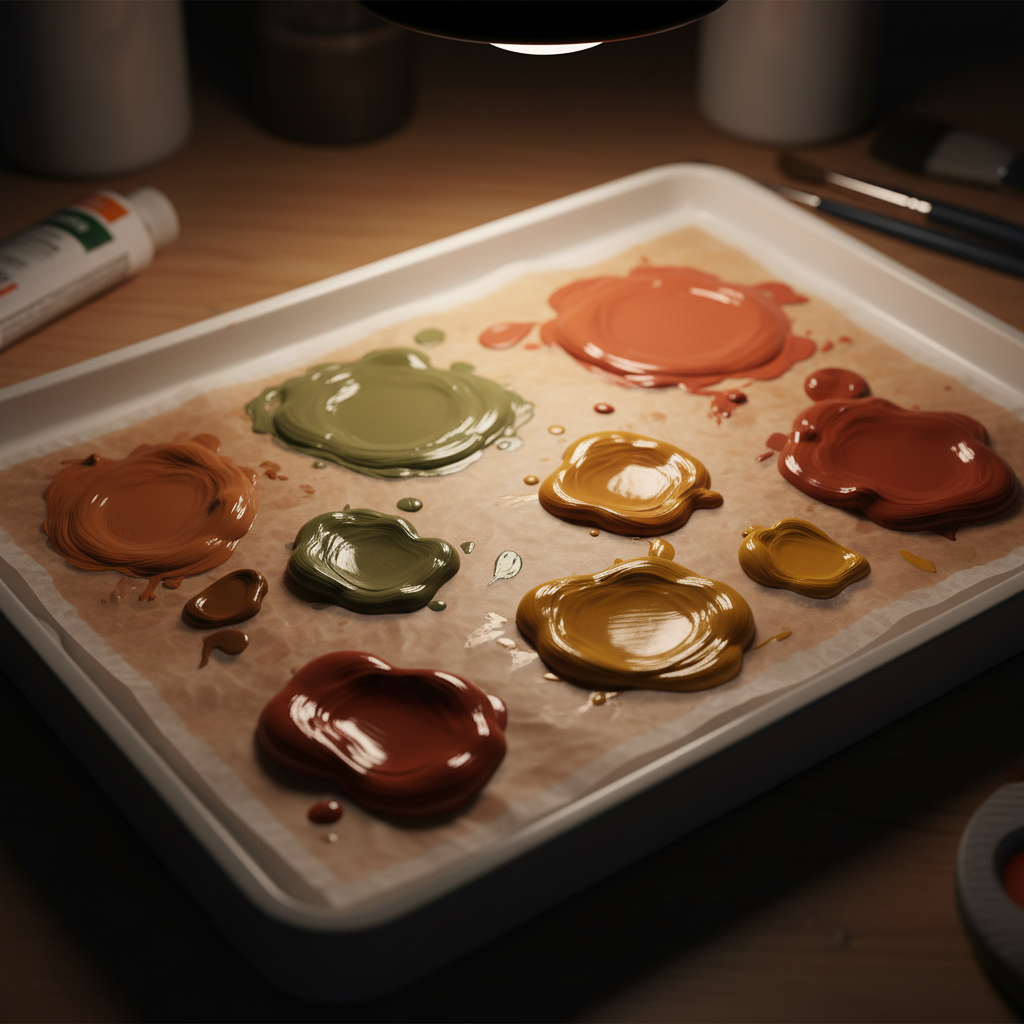Wet palette with pools of acrylic paint in earth tones and deep shadows, still moist under studio light