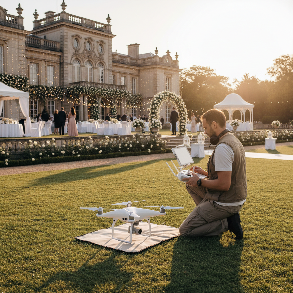 Drone camera flying over outdoor wedding venue capturing aerial footage