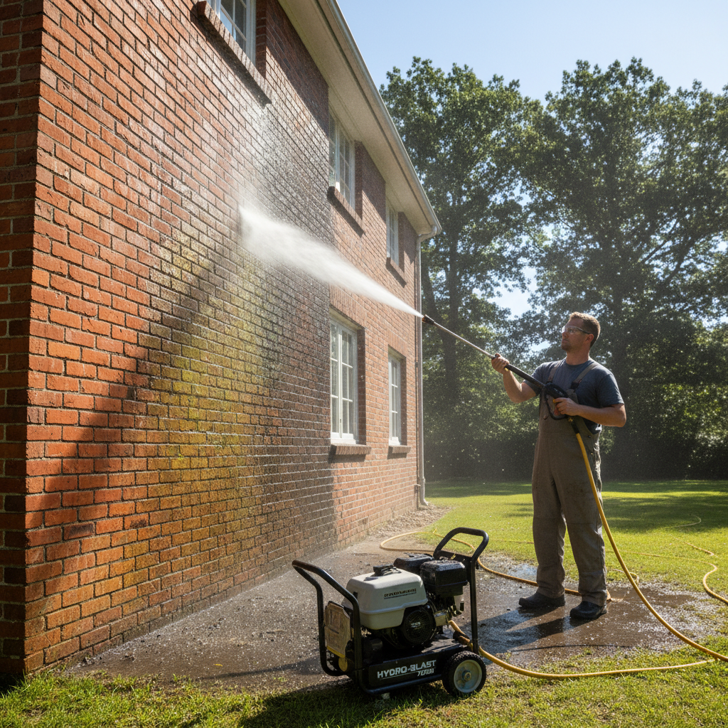 Professional pressure washing of an exterior surface