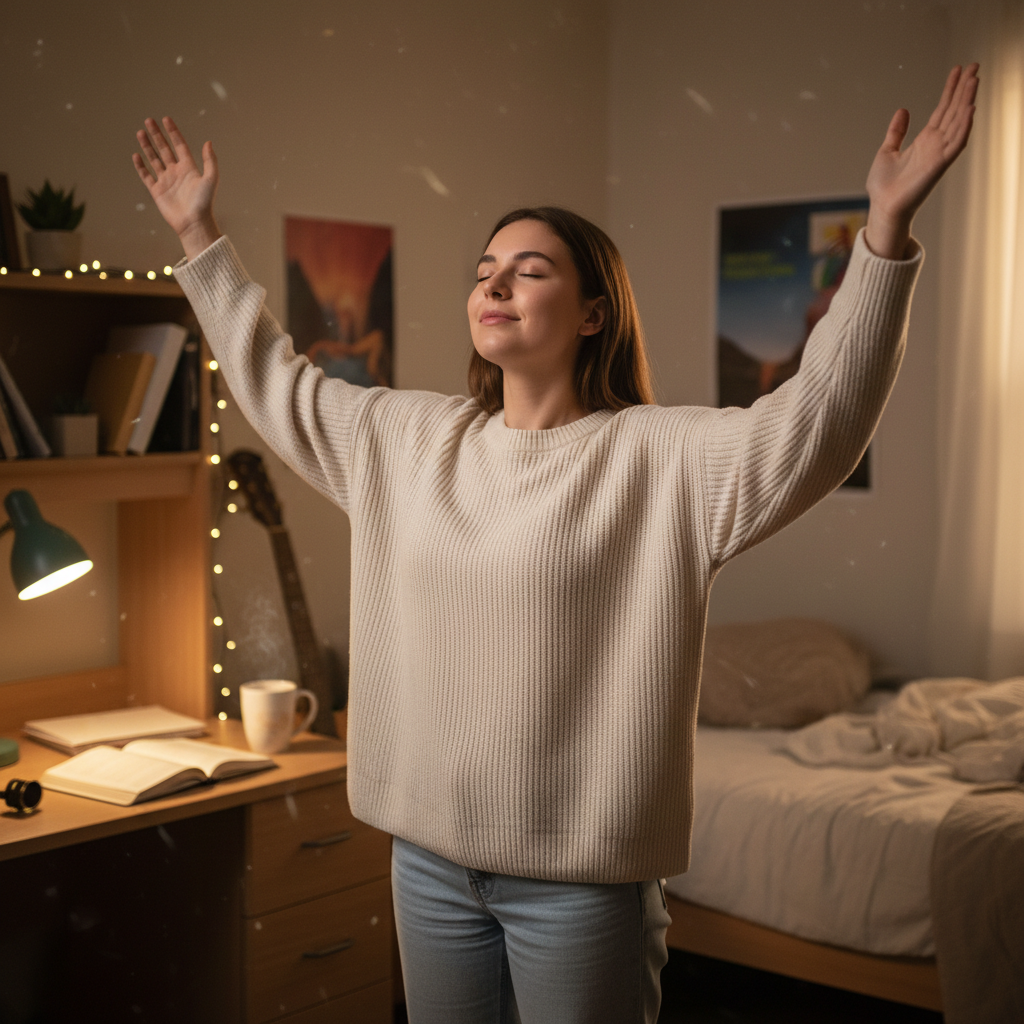 Young woman in dorm room with hands raised in worship, soft lamp light