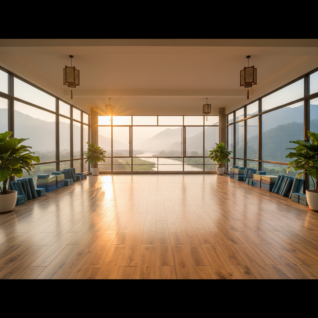 Riverside yoga retreat with open-air meditation deck and Ganga river view at sunrise