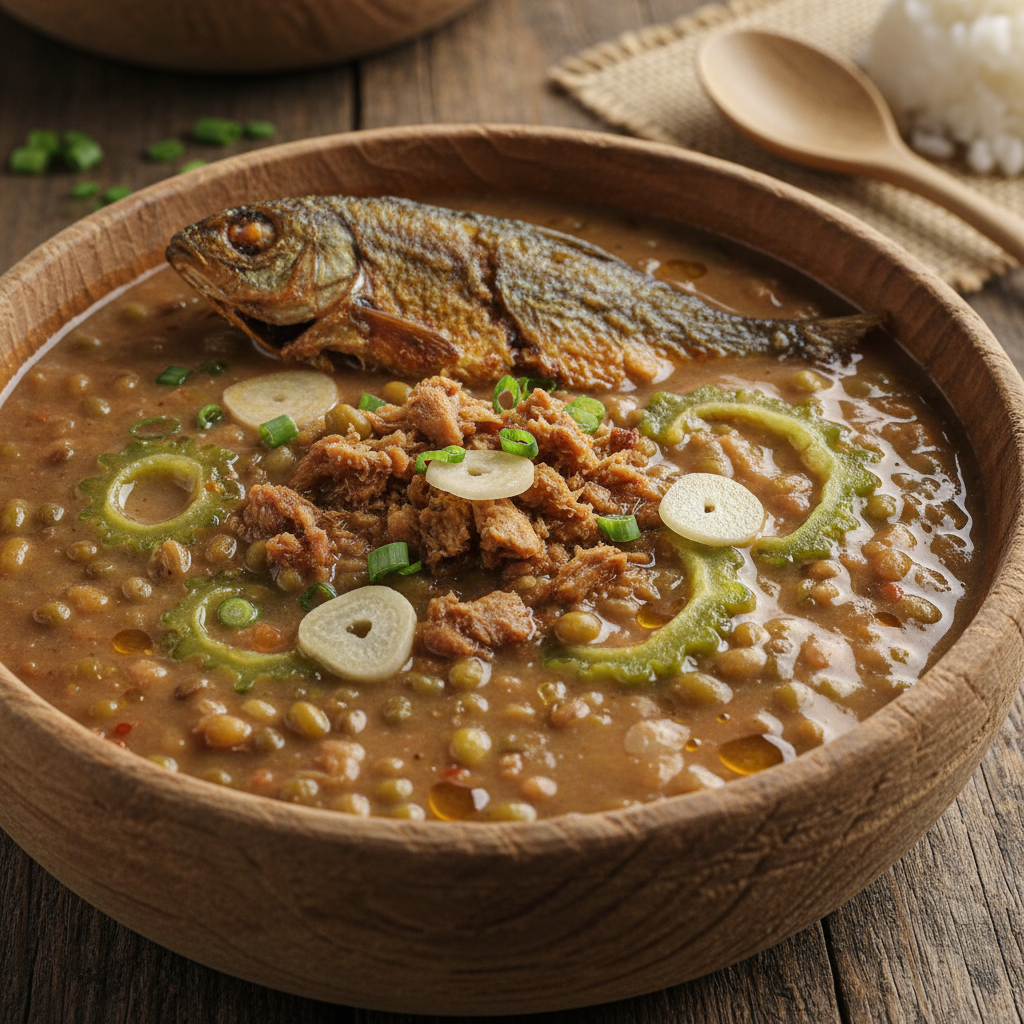 Filipino monggo bean soup with fried fish and ampalaya, simple wooden bowl, budget dinner