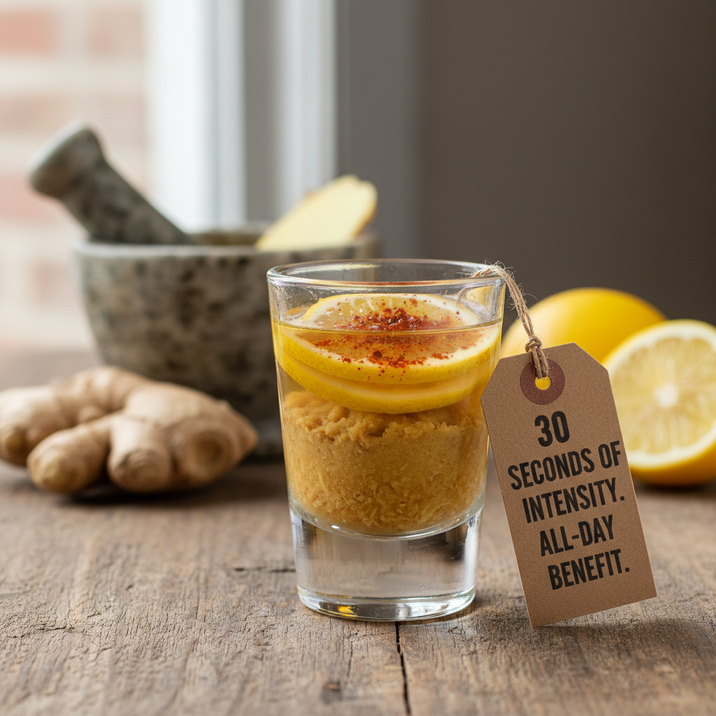 Ginger Shots — vibrant, fresh juice in a glass, bright natural lighting