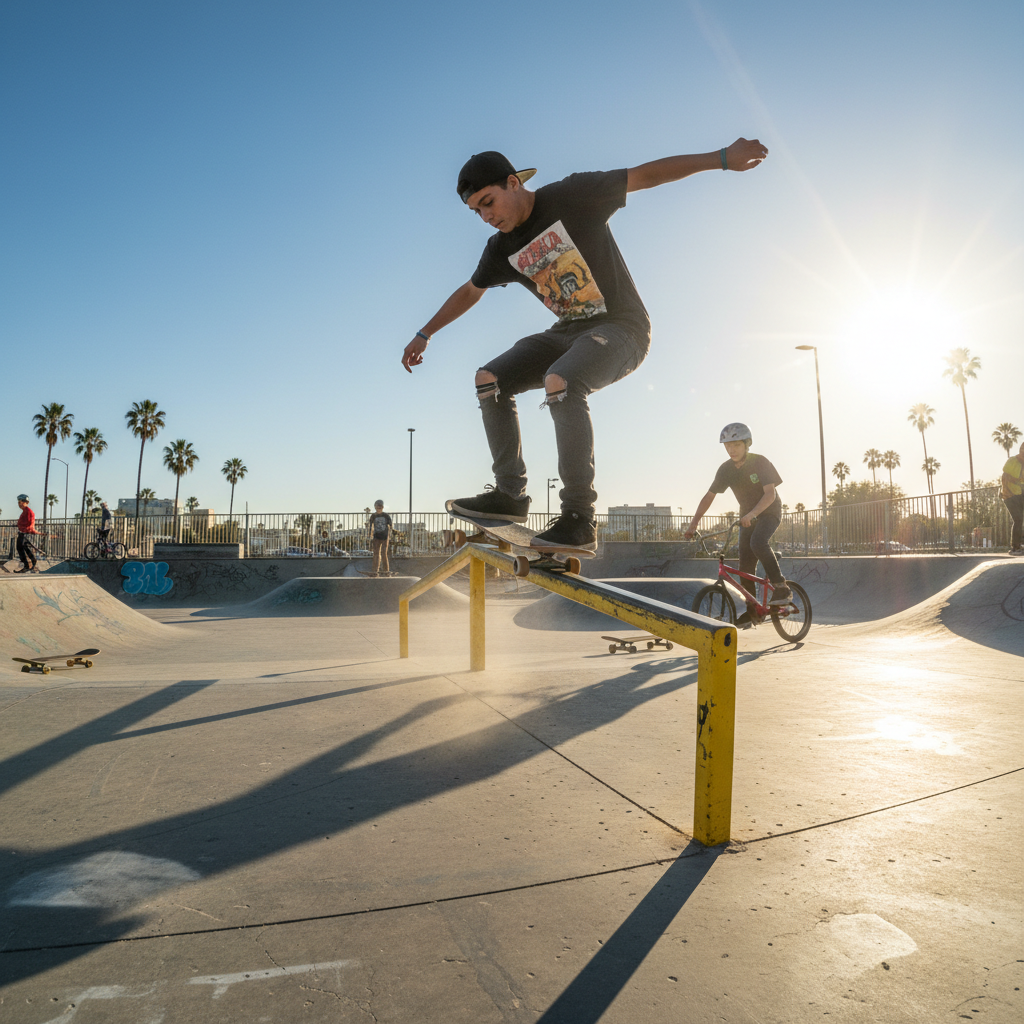Teenage skater grinding a yellow rail at a skate park, focused expression