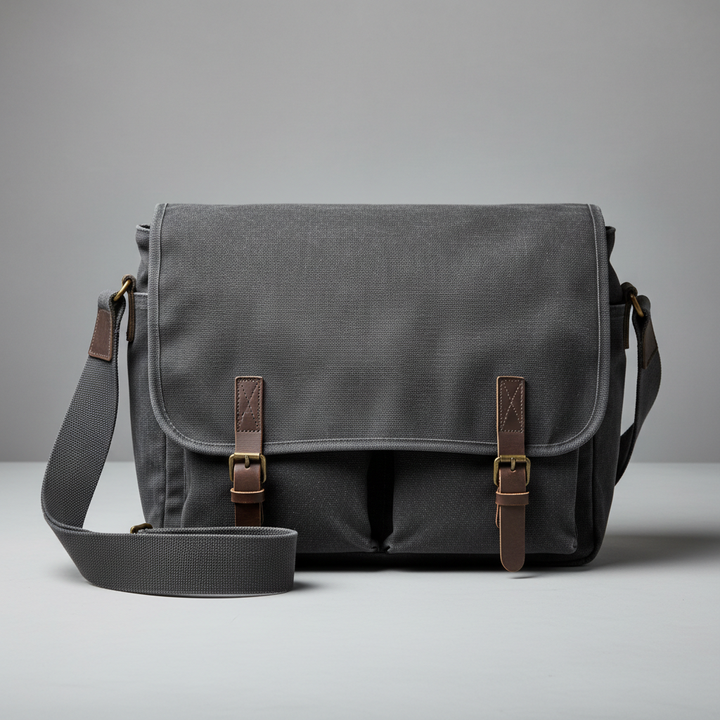 Dark canvas messenger bag mid-tumble with strap dangling off frame