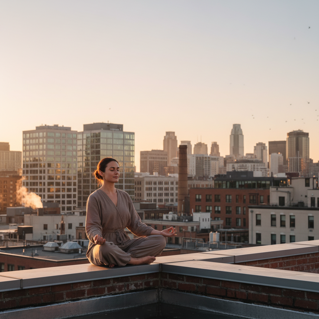 Person meditating at sunrise on rooftop in urban setting