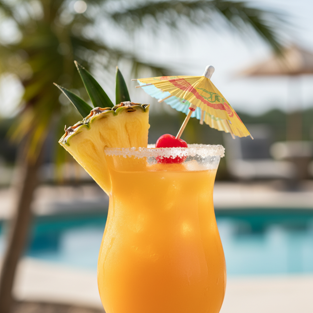 Mai Tai tropical cocktail with rum, pineapple and orange garnish in a tiki glass