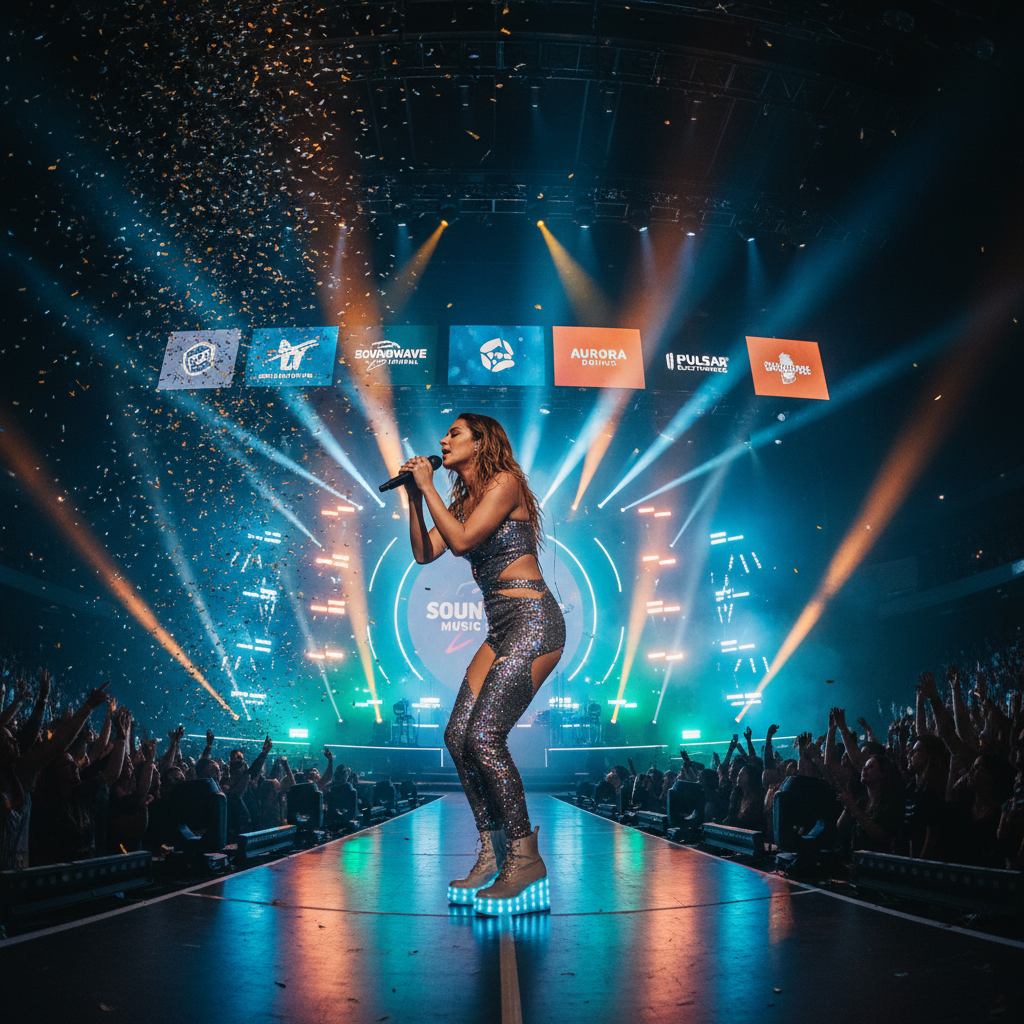 Music artist Naomi Voss on stage with brand partnership backdrop