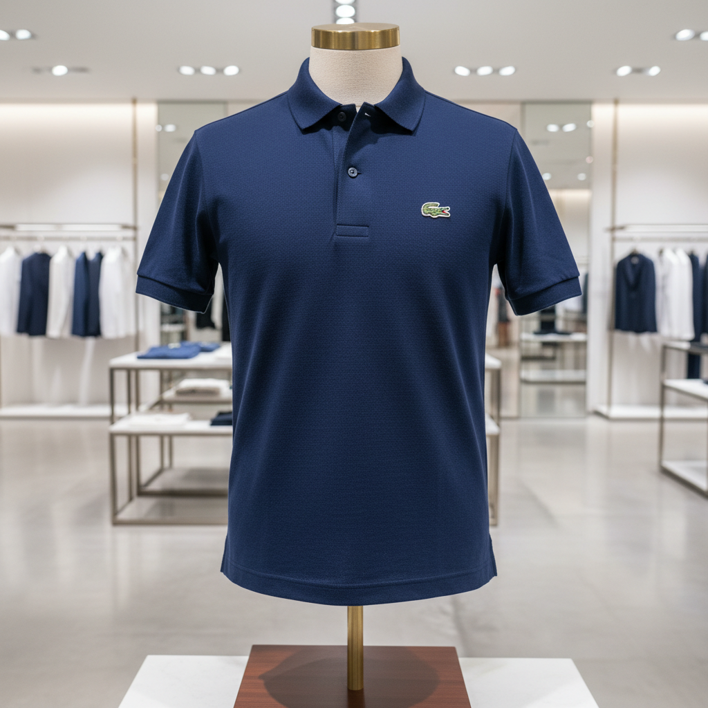 Polos Lacoste colorés sur cintre dans une boutique sportswear lumineuse