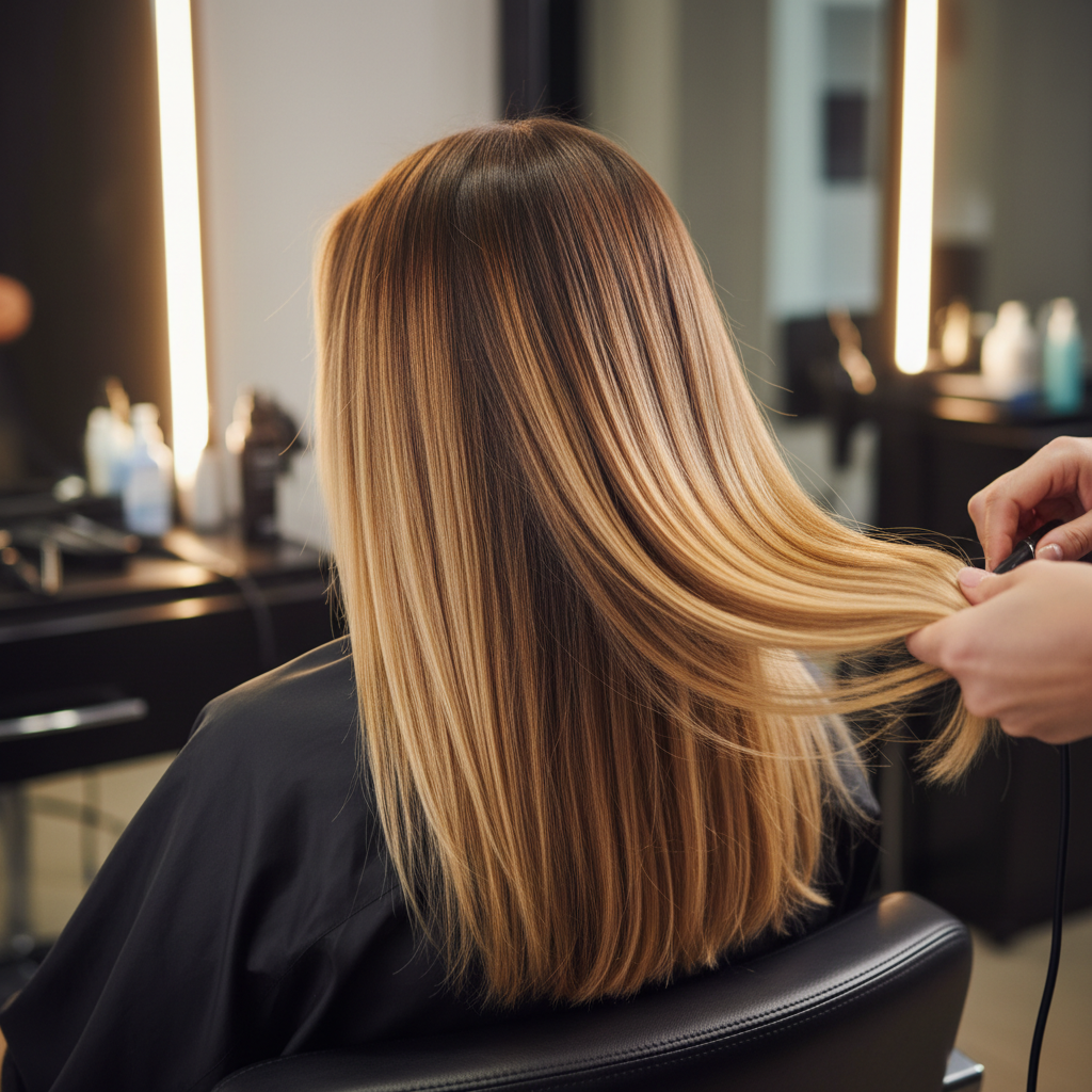 Long, beautifully styled hair extensions with natural texture, warm studio lighting, flowing movement