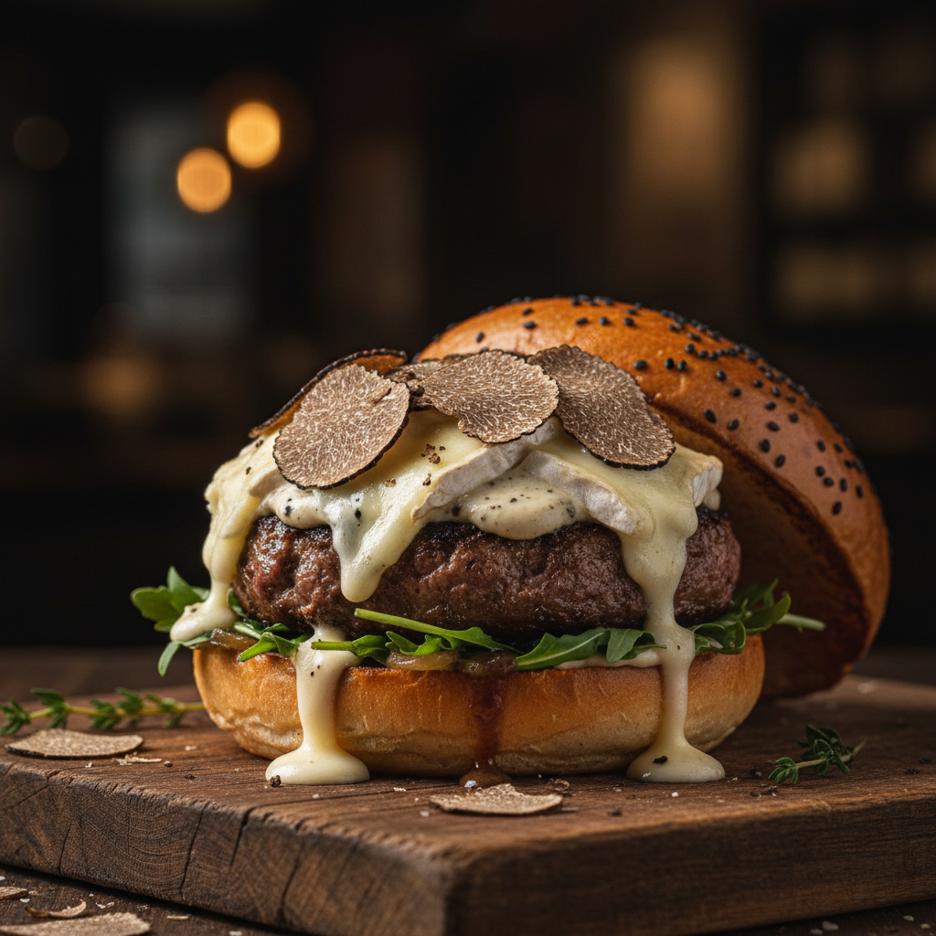 Gourmet burger with truffle aioli and brioche bun on wooden board