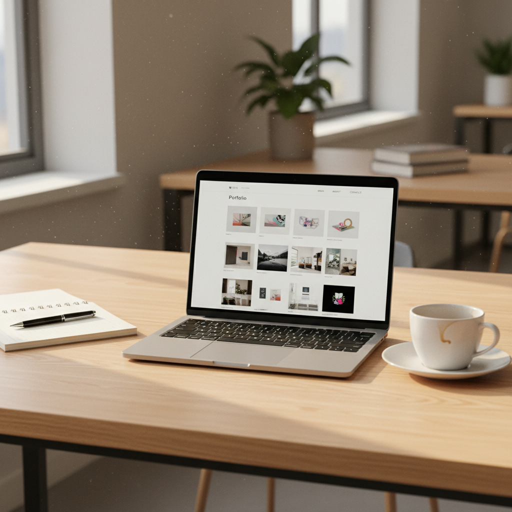 Laptop open to a clean portfolio website on a bright desk with a notebook, coffee cup, and sunlight streaming through a window