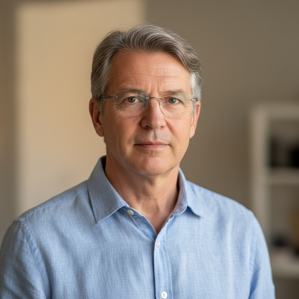 Middle-aged man with glasses and a relaxed expression