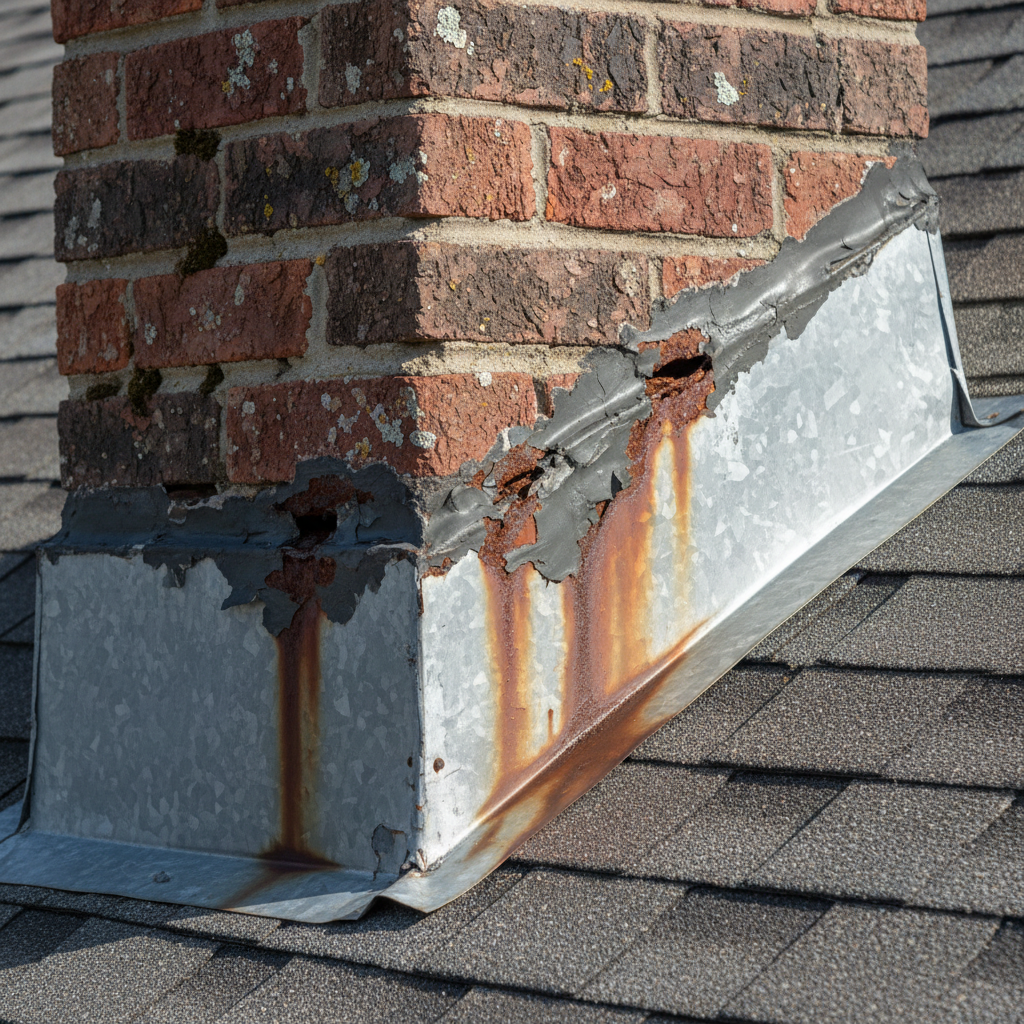 Close-up photograph of cracked roof flashing around chimney base showing rust staining and mortar deterioration