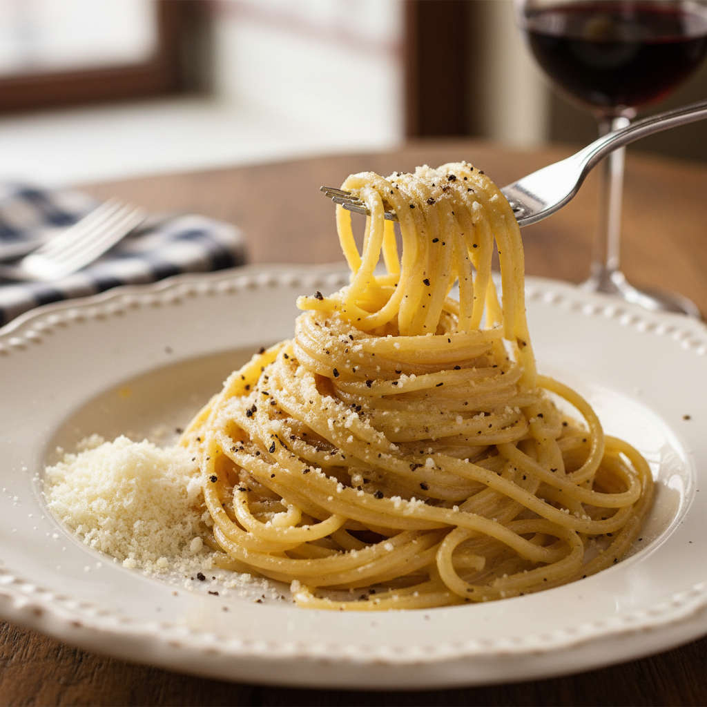 Cacio e pepe pasta with creamy cheese sauce and black pepper in a shallow bowl