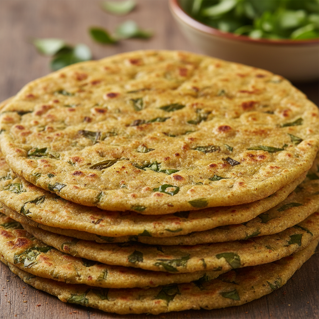 Methi thepla thin fenugreek flatbread stacked on plate with yogurt