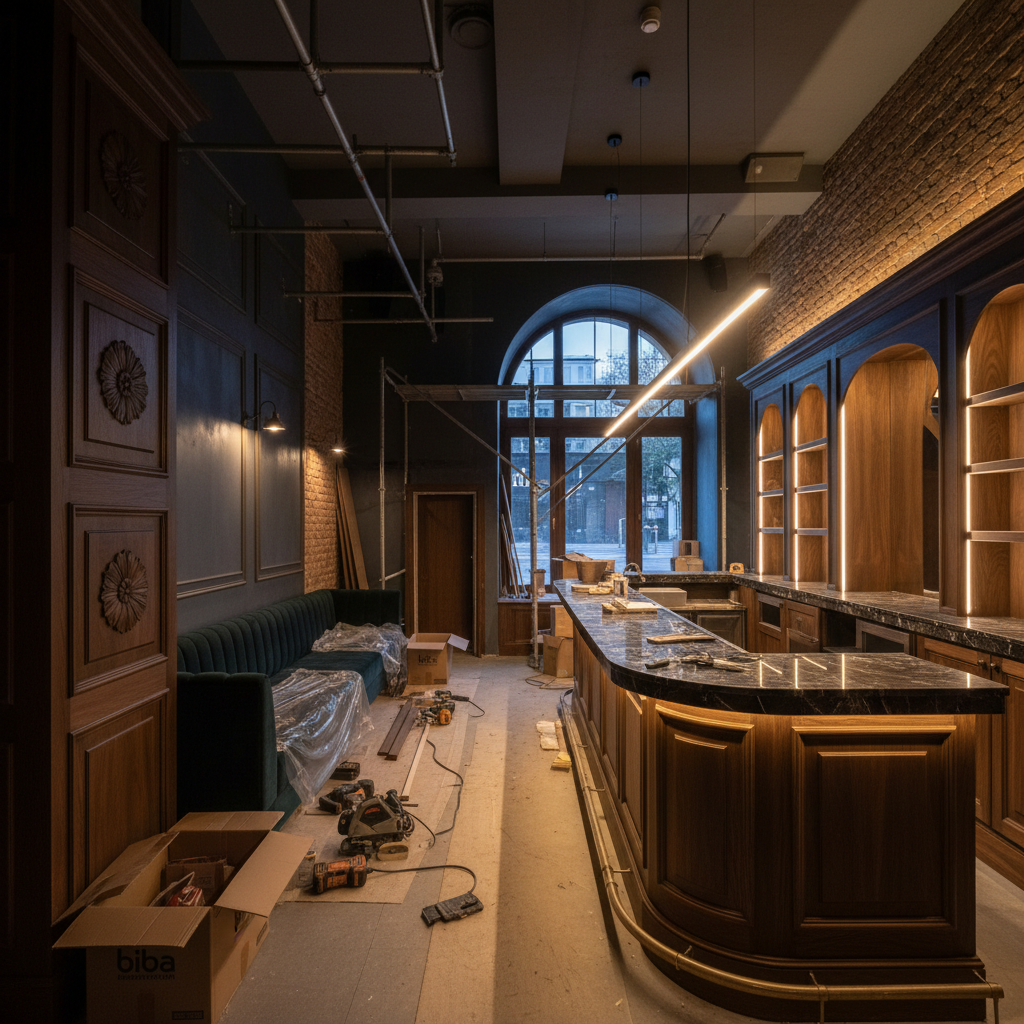 Casa Bianca bar area renovation by Biba Construction, bespoke commercial joinery and atmospheric bar lighting, dark warm interior