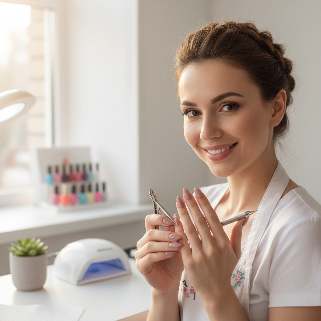 Smiling female nail technician with professional tools, bright airy salon background with natural light