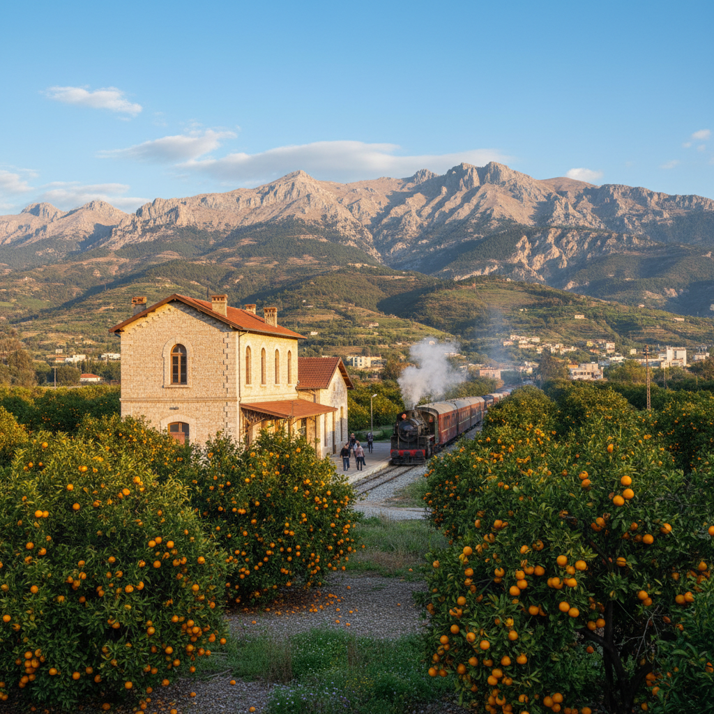 Gare ferroviaire de Blida entourée d'orangers et de montagnes de l'Atlas blidéen