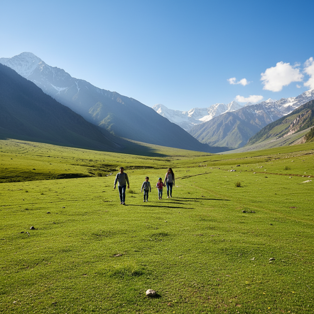 Family enjoying Pahalgam valley with children running in green meadow, snow mountains visible, bright sunny day