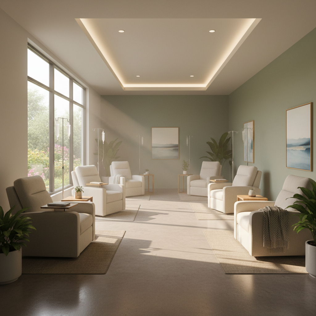 Serene wellness lounge with soft lighting, comfortable nursing chairs, and calming sage green walls