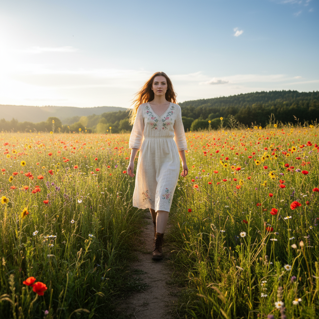 Person taking a confident step forward on a path, determined expression, bright open environment symbolizing growth