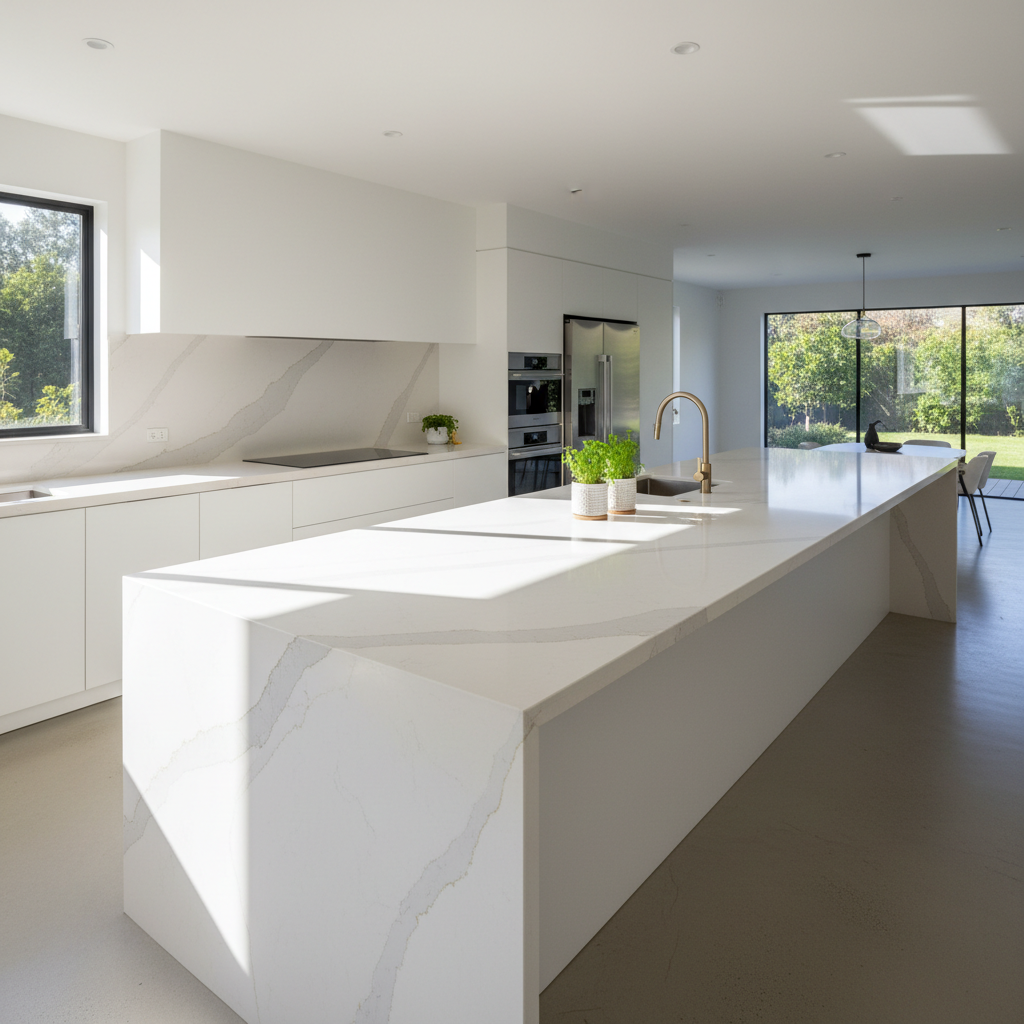 Freshly installed seamless quartz countertop in renovated kitchen catching light