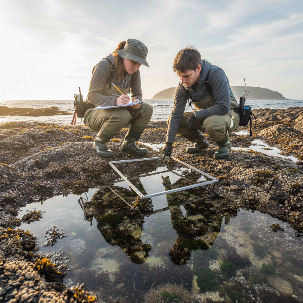 Two researchers in waders crouching over a quadrat frame on a rocky intertidal platform, one writing on a waterproof datasheet, tide pools sharp in the foreground