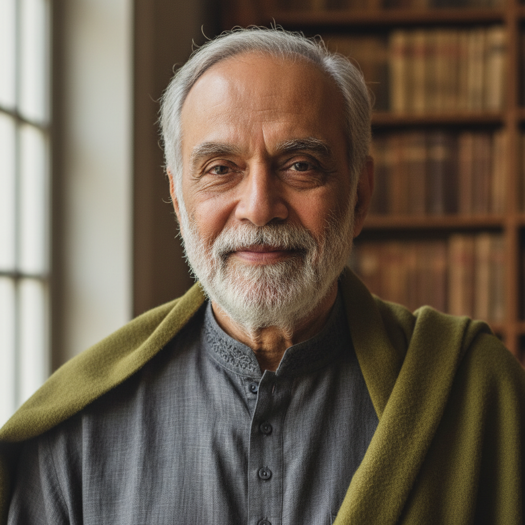 Elderly Indian man with white beard, surrounded by ancient manuscripts and palace artefacts, scholarly and dignified appearance